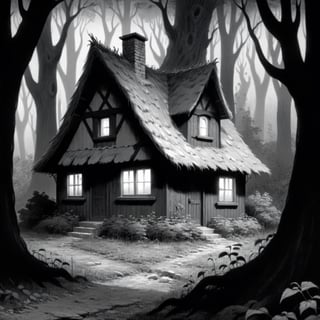 Cottage in woods, dense forest, (dark:2), qzhorror theme, terrifyingperspective, JunjiIto_qz, huge and terrifying, (monochome:2),