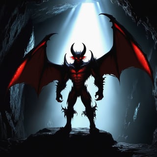 Evil Demon Standing in dark cave, bat_wings, horns, ((red_eyes, glowing_eyes)), ((dark)), shadows