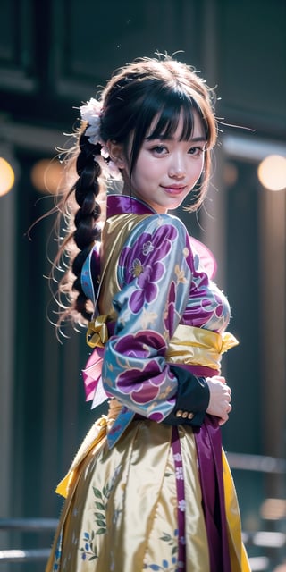 Beautiful girl, solo, dark skin, red hair, slightly glowing violet eyes, long twintail hair, straight bangs covering one eye, sly smile, wearing hanbok, holding rapier in right hand, elaborate details, intricate patterns, Dynamic angles, action poses, volume lighting, multiple lighting sources, complex detailed backgrounds, masterpieces, ultra-high definition, sharp focus, (perfect waistline, perfect body),More Detail