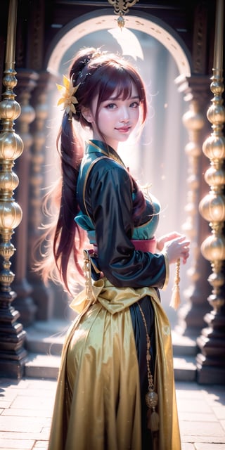 Beautiful girl, solo, dark skin, red hair, slightly glowing violet eyes, long twintail hair, straight bangs covering one eye, sly smile, wearing hanbok, holding rapier in right hand, elaborate details, intricate patterns, Dynamic angles, action poses, volume lighting, multiple lighting sources, complex detailed backgrounds, masterpieces, ultra-high definition, sharp focus, (perfect waistline, perfect body),More Detail,1 girl,Wind Up Music Box,DonMF41ryW1ng5,GdClth