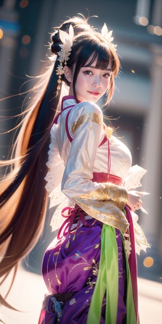 Beautiful girl, solo, dark skin, red hair, slightly glowing violet eyes, long twintail hair, straight bangs covering one eye, sly smile, wearing hanbok, holding rapier in right hand, elaborate details, intricate patterns, Dynamic angles, action poses, volume lighting, multiple lighting sources, complex detailed backgrounds, masterpieces, ultra-high definition, sharp focus, (perfect waistline, perfect body),More Detail,1 girl