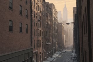 graphic novel illustration, telephoto angle of long street in deserted new york city, man looking out window, distopian, apocalyptic