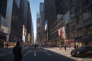 graphic novel illustration, telephoto angle of long street in deserted new york city, man looking out window, distopian, apocalyptic,ANIME 