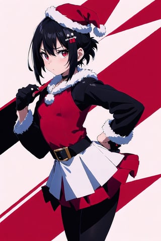 chibi girl, (flat:1.8),flat vector illustration,simplified line work,short black hair, gothic skrit, crisp outline, black and white, A young woman is wearing (a Santa Claus costume). She has a red coat and mini skirt, black pantyhose ,a red hat with a white fur pom-pom, white gloves, a black belt, , solo, skull hair ornament, hair ornament, chibi