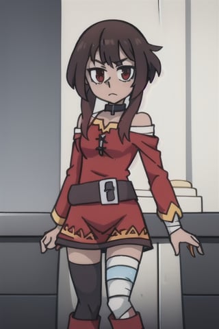 ChopioMegumin, brown hair, short hair with long locks, sidelocks, red eyes, (looking at viewer:1.3), mature female, small breasts
outfit_2, collar, red dress, off shoulder, long sleeves, black belt, short dress, black thighhighs, single thighhigh, zettai ryouiki, bandages, asymmetrical legwear, (bandaged leg:1.1), brown boots,black and white theme,DarkTheme
