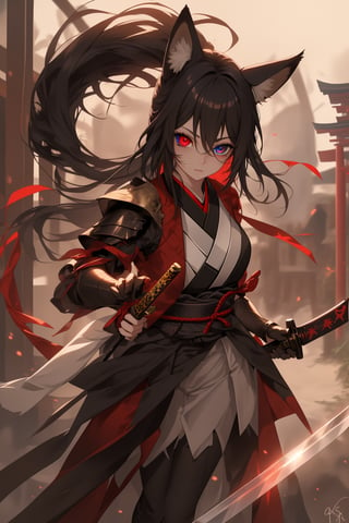 Woman with red fox ears and fox tail holding a sword in hand,  wearing a ninja armor, in medieval japan, red eyes