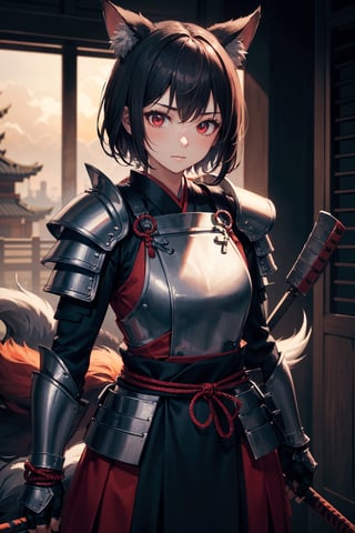 (dinamic pose), (face of a 26 year old girl, body of a 20 year old girl), crimson red eyes, female samurai, armor, skirt, horror style, area lighting, black_kitsune