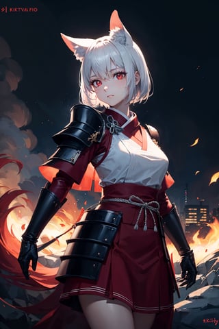 (dinamic pose), (face of a 26 year old girl, body of a 26 year old girl), crimson red eyes, female samurai, armor, skirt, horror style, area lighting, red_kitsune