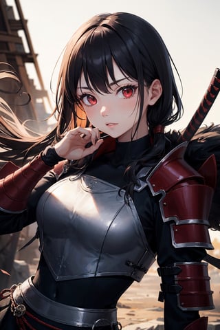 (dinamic pose), (face of a 26 year old girl, body of a 26 year old girl), crimson red eyes, female samurai, armor, skirt, horror style, area lighting