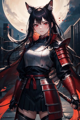 (dinamic pose), (face of a 26 year old girl, body of a 26 year old girl), crimson red eyes, female samurai, armor, skirt, horror style, area lighting, red_kitsune 