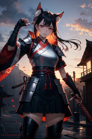 (dinamic pose), (face of a 26 year old girl, body of a 26 year old girl), crimson red eyes, female samurai, armor, skirt, horror style, area lighting, black_kitsune