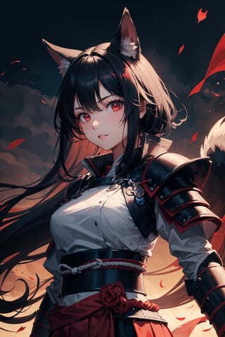 (dinamic pose), (face of a 26 year old girl, body of a 26 year old girl), crimson red eyes, female samurai, armor, skirt, horror style, area lighting, black_kitsune