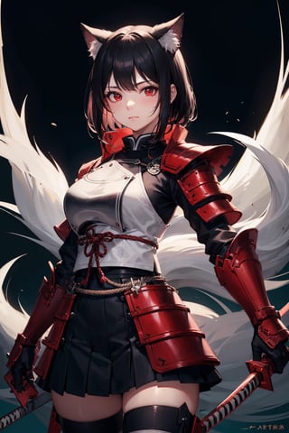 (dinamic pose), (face of a 26 year old girl, body of a 26 year old girl), crimson red eyes, female samurai, armor, skirt, horror style, area lighting, black_kitsune