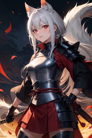 (dinamic pose), (face of a 26 year old girl, body of a 26 year old girl), crimson red eyes, female samurai, armor, skirt, horror style, area lighting, red kitsune
