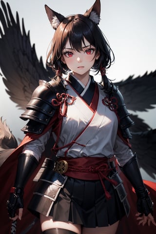 (dinamic pose), (face of a 26 year old girl, body of a 26 year old girl), crimson red eyes, female samurai, armor, skirt, horror style, area lighting, black_kitsune,