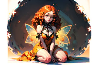 {{masterpiece}}}, {{{best quality}}}, {{{ultra-detailed}}}, {{{highres}}}, 
Fairy with green eyes, with round glasses and curly orange hair, with a short body-length dress, a little bit sexy, like that of a fairy and orange in color, with transparent wings like those of an insect sitting.
long hair, perfect legs, orange dress, sitting, pale skin, fair skin, (curly hair), frizzy hair, orange hair, (((white background))), sitting on knees, (seiza),

1 girl