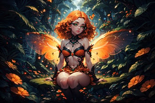 {{masterpiece}}}, {{{best quality}}}, {{{ultra-detailed}}}, {{{highres}}}, 
Fairy with green eyes, with round glasses and curly orange hair, with a short body-length dress, a little bit sexy, like that of a fairy and orange in color, with transparent wings like those of an insect sitting in a background forest, 
long hair, perfect legs, orange dress, sitting, pale skin, fair skin, (curly hair), frizzy hair, orange hair,

Magic Forest, 1 girl