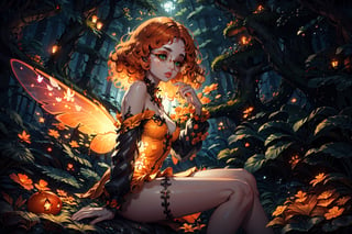 Fairy with green eyes, with round glasses and curly orange hair, with a short body-length dress, a little bit sexy, like that of a fairy and orange in color, with transparent wings like those of an insect sitting in a background forest, long hair, curly hair, perfect legs, orange dress, sitting, pale skin, fair skin, (curly hair), frizzy hair, orange hair,

Magic Forest, 1 girl
