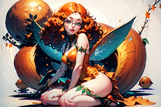 {{masterpiece}}}, {{{best quality}}}, {{{ultra-detailed}}}, {{{highres}}}, 
Fairy with green eyes, with round glasses and curly orange hair, with a short body-length dress, a little bit sexy, like that of a fairy and orange in color, with transparent wings like those of an insect sitting.
long hair, perfect legs, orange dress, sitting, pale skin, fair skin, (curly hair), frizzy hair, orange hair, (((white background))), sitting on knees, seiza,

1 girl