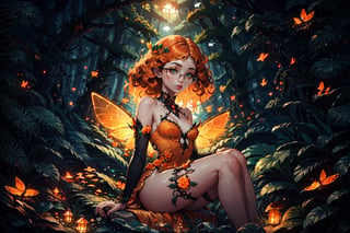 Fairy with green eyes, with round glasses and curly orange hair, with a short body-length dress, a little bit sexy, like that of a fairy and orange in color, with transparent wings like those of an insect sitting in a background forest, long hair, curly hair, perfect legs, orange dress, sitting,

Magic Forest, 1 girl