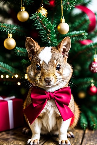 an image: high resolution, photorealistic, intricate, vibrant, unique Santa pet, named Fluffernutter, a combination of a magical reindeer and a mischievous squirrel, small fluffy body covered in soft fur, adorable button-like black eyes, delicate antlers adorned with sparkling ornaments, tiny pointed hooves for climbing trees, long fluffy tail that resembles a bushy squirrel tail, nimble paws with sharp claws, fur color transitioning from warm brown to snowy white, cute red bow tied around the neck, standing on a snowy branch of a tall Christmas tree, surrounded by colorful twinkling lights, shiny baubles, and glittering snowflakes, cheerful smile on its face, playful and curious personality, magical aura emanating from its presence, creating a sense of wonder and joy.