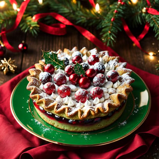 official art, high resolution, photorealistic, detailed, unique British food gift, delectable mince pie, golden flaky crust, sweet and spiced mincemeat filling, powdered sugar snow, intricate holly leaf pattern, vibrant red berries, festive green leaves, Christmas-themed wrapper, dark red ribbon, impeccable presentation, enticing aroma, traditional Christmas dessert, warm cinnamon scent, delicate pastry layers, indulgent treat, symbol of holiday cheer, festive atmosphere, crumbly texture, heavenly taste, served with a dollop of freshly whipped cream