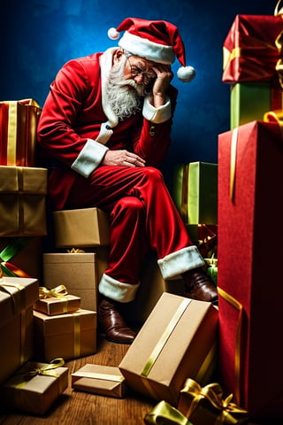 Sad Santa Claus, digital illustration, melancholic, a disappointed expression, a red suit, a white beard, a Santa hat, tears in his eyes, surrounded by broken gifts, high resolution, dim lighting, deep shadows, a heart-wrenching scene of a beloved holiday figure facing a difficult situation