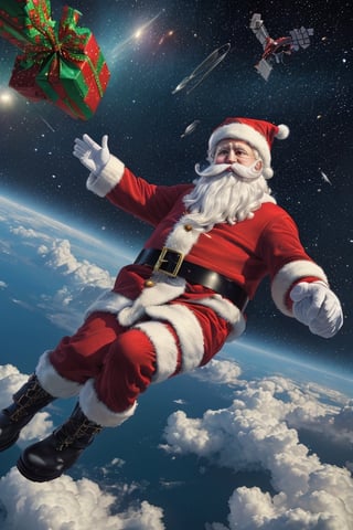 (Santa Claus flying, like a free bird, in the sky, outer space:1.4), ((flying)), (carying bag of gifts 🎁:1.1)

concept art of archangel flying over town, clouds. digital artwork, highly detailed, cinematic composition

((best quality)), ((masterpiece)), (detailed),  bold colors and lively textures that make the image pop. ((masterpiece)), absurdres, HDR