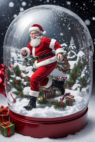 (Santa Claus running, gift box in hand:1.1), (Santa Claus, in holiday), ((running, in a hurry)), (carying bag of gifts 🎁:1.1)

ethereal, Santa Claus, running in container ((round, snow globe))

((best quality)), ((masterpiece)), (detailed),  bold colors and lively textures that make the image pop. ((masterpiece)), absurdres, HDR