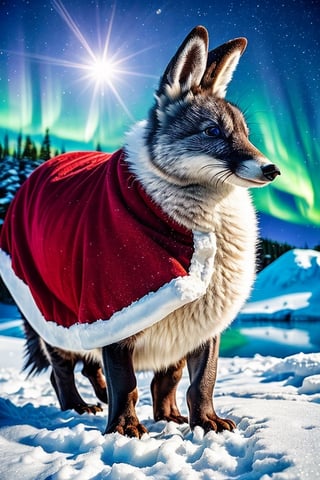 an image: high resolution, photorealistic, intricate, Santa's pet, Jingle the Frosty Feline, Arctic fox with ice-blue fur, fluffy winter coat, sparkling silver whiskers, twinkling blue eyes, magnificent snowy landscape, snow-covered mountains, frozen lake, swirling snowflakes, cozy igloo, soft reindeer fur blanket, snow-dusted pine trees, playful penguins, hopping rabbits, magical northern lights, cool colors, pastel colors, enchanting atmosphere, side view, looking at viewer, cheerful, vibrant, adorable paw prints leading the way