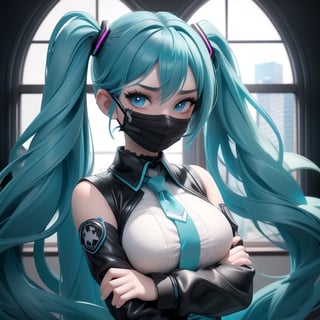 centered, close up, standing, solo, woman, photoshoot pose, (looking at viewer), | (cinematic light), | goth miku, long twintails hair, light blue eyes, (beautiful detailed eyes), dark aqua hair color, | (black mouth mask), black crop top, white short jacket, open jacket, bedridden, home background, detective girl, gradient, warm light, gloomy atmosphere, long sleeves, looking at viewer, evening,  medium breasts, evening, soft light background, | large window, city view,anzhcmiku,realism,GothicCurse