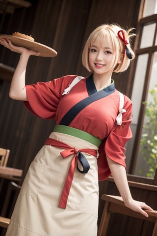 masterpiece, best quality, highres, aachisato, short hair, hair ribbon, japanese clothes, (red kimono:1.2), sash, (brown apron:1.2), , indoors, cafe, holding tray, smile,aachisato, (smile:1.2) ( shiny oil skin:1.0), cowboy_shot, curved body, (dynamic sexy pose:1.7), sexy body, (gigantic breast:1.2), 9 head length body, looking at viewer, from below,