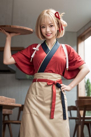 masterpiece, best quality, highres, aachisato, short hair, hair ribbon, japanese clothes, (red kimono:1.2), sash, (brown apron:1.2), , indoors, cafe, holding tray, smile,aachisato, (smile:1.2) ( shiny oil skin:1.0), cowboy_shot, curved body, (dynamic sexy pose:1.7), sexy body, (gigantic breast:1.2), 9 head length body, looking at viewer, from below,