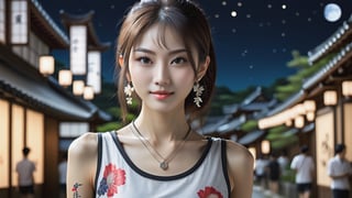 (Ultra realistic), best quality, (a beautiful skinny Japanese girl facing the audience in summer fashionable clothes:1.35), masterpiece, vivid and detailed face, (upper half body art :1.2), (clear and bright big eyes :1.1), dynamic pose, using the best artificial intelligence algorithm to generate pictures, Ultra HD, 32K, ultra realistic, dramatic, High detail, more detail,moon light Sanya background,