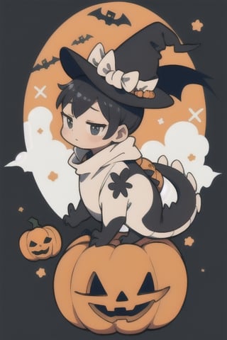 dragon (small, cute, black and white) riding a halloween pumpkin
