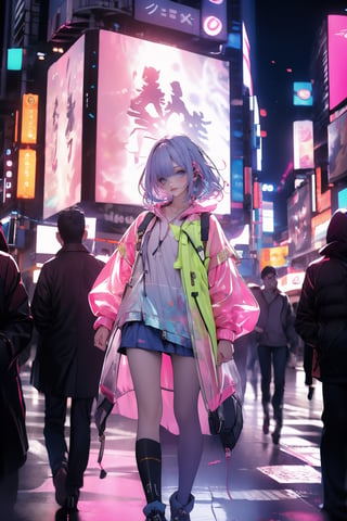 Ultra-high resolution, cinematic lighting,Woman wearing pink raincoat in Times Square,xxmix_girl,more detail XL, blue medium hair, mexican, midjourney, niji,Realism