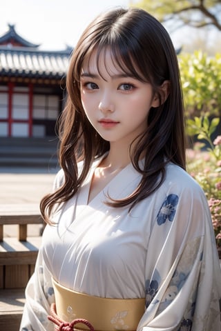 The background is winter,snowy garden(traditional japanese garden),16 yo, 1 girl,beautiful japanese girl,samurai,shining bracelet,beautiful kimono,looking at viewer, solo, {beautiful and detailed eyes}, calm expression, natural and soft light, delicate facial features, ((model pose)), Glamor body type, (dark hair:1.2), bangs,very_long_hair, hair past hip, curly hair, flim grain, realhands, masterpiece, Best Quality, photorealistic, ultra-detailed, finely detailed, high resolution, perfect dynamic composition, beautiful detailed eyes, eye smile, ((nervous and embarrassed)), sharp-focus, full_body,cowboy_shot, sexy pose,ruanyi0060,Detailedface,chinatsumura,1 girl