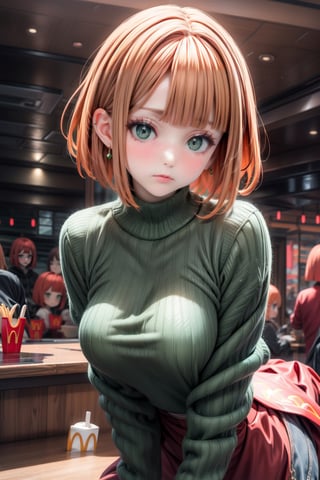 nose blush,mcdonalds_mom, short hair, large breasts, blunt bangs, bob cut, bright pupils, green eyes,orange_hair,Low angle shot,from below, the most beautiful image I have ever seen, Shader, volume rendering,niji,