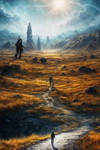 (Masterpiece), (hyper-realistic), (perfectly Detailed) image of the back of an astronout, 1boy, walking alone in an unknown and ancient landscape, full of bizzare yet fascinating flora and fauna. Even though he's alone but he still maintain his calm and keep walking forward. Artistic photography, absurdres, masterpiece 8K HDR quality image.,fantasy00d,EpicArt,no_humans,midjourney,horror