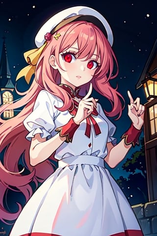 (masterpiece), high quality, 13 year old girl, solo, anime style, long wavy hair, fluorescent magenta hair, joyful look, white medieval elegant dress, red eyes, glowing eyes, red string around a finger, fuchsia aura, night medieval city background., pokemovies,seraphine