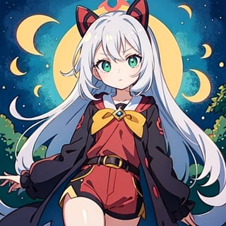 (masterpiece), high quality, 8 year old girl, solo, anime style, messy long hair, light gray hair, expressionless look, green silk steampunk long sleeves shirt, dark brown shorts, light green eyes, glowing eyes, green psychic aura, night forest background., pokemovies, wally, allister \(pokemon\), pokemon,regulus_corneas,ngnlshiro