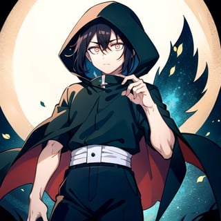 (masterpiece), high quality, 30 year old man, solo, anime style, short hair, deep black hair, cavalier and confident look, medieval black silk hood, medieval black shirt, medieval black silk cape, black pants, white eyes, eyes without pupils, glowing eyes, white aura, night forest background., pokemovies,Jujutsu Kaisen,whiteeyes,hinata(shippuden)