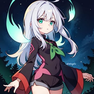 (masterpiece), high quality, 8 year old girl, solo, anime style, messy long hair, light gray hair, expressionless look, light green silk medieval blouse, purple long sleeves, dark brown shorts, light green eyes, glowing eyes, green psychic aura, night forest background., pokemovies, wally, allister \(pokemon\), pokemon,regulus_corneas,ngnlshiro