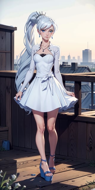masterpiece, best quality, absurdres, perfect anatomy, 1girl, solo, outdoors, rooftop, midnight, full_body, feet, standing_up, facing_viewer, looking_at_viewer, focus, slim_body, weiss_schnee,  eye_scar, white_hair, blue_eyes,  weissvale, ponytail, white dress, jewelry, necklace, red_earrings, wedges,