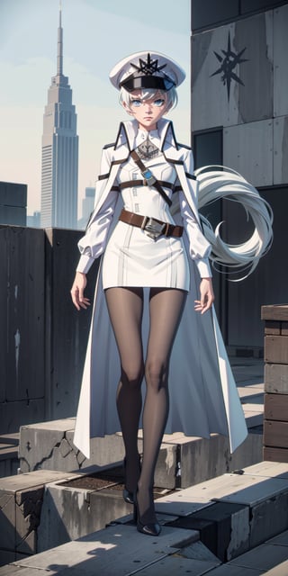 masterpiece, best quality, absurdres, perfect anatomy, 1girl, solo, outdoors, rooftop, midnight, full_body, feet, standing_up, facing_viewer, looking_at_viewer, focus, slim_body, weiss_schnee,  eye_scar, white_hair, blue_eyes, weissneg, peaked cap, military uniform, white coat, belt, pantyhose, heels,