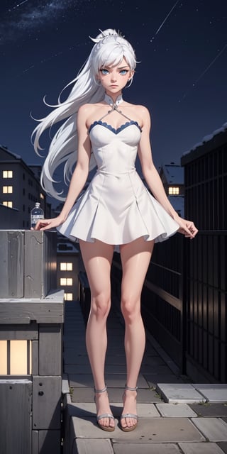 masterpiece, best quality, absurdres, perfect anatomy, 1girl, solo, outdoors, rooftop, midnight, full_body, feet, standing_up, facing_viewer, looking_at_viewer, focus, slim_body, weiss_schnee,  eye_scar, white_hair, blue_eyes, wedges, 