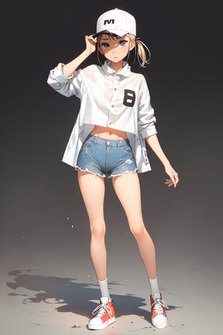 1 girl, alone, girl, full body, 1 girl wearing tight denim shorts, thigh-high stockings, plaid button-down shirt, sneakers, trucker hat, girl posing standing, legs slightly open,

no background, simple background, gradient background, white plain background, comic style,1girl,wetshirt,SAM YANG