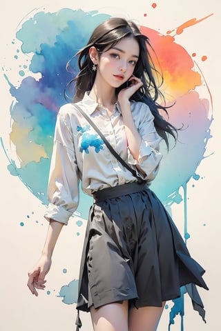 extreme detailed, (masterpiece), (top quality), (best quality), (official art), (beautiful and aesthetic:1.2), (stylish pose), (1 woman), (colorful), (multicolor theme: 1.5), ppcp, medium length skirt, 	looking into distance, long wave black hair, 
perfect,ChineseWatercolorPainting,Chromaspots,fairy,pastelbg,Ava