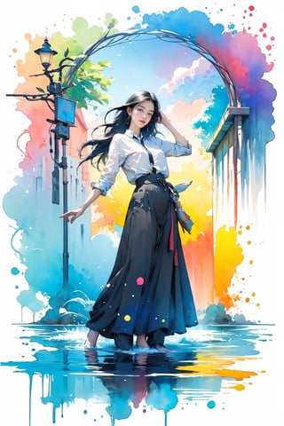 extreme detailed, (masterpiece), (top quality), (best quality), (official art), (beautiful and aesthetic:1.2), (stylish pose), (1 woman), (colorful), (multicolor theme: 1.5), ppcp, medium length skirt, 	looking into distance, long wave black hair, 
perfect,ChineseWatercolorPainting,Chromaspots,fairy,pastelbg