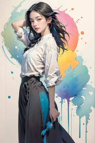 extreme detailed, (masterpiece), (top quality), (best quality), (official art), (beautiful and aesthetic:1.2), (stylish pose), (1 woman), (colorful), (multicolor theme: 1.5), ppcp, medium length skirt, 	looking into distance, long wave black hair, 
perfect,ChineseWatercolorPainting,Chromaspots,fairy,pastelbg,Ava